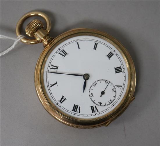 A gold plated pocket watch with Roman dial and subsidiary seconds.